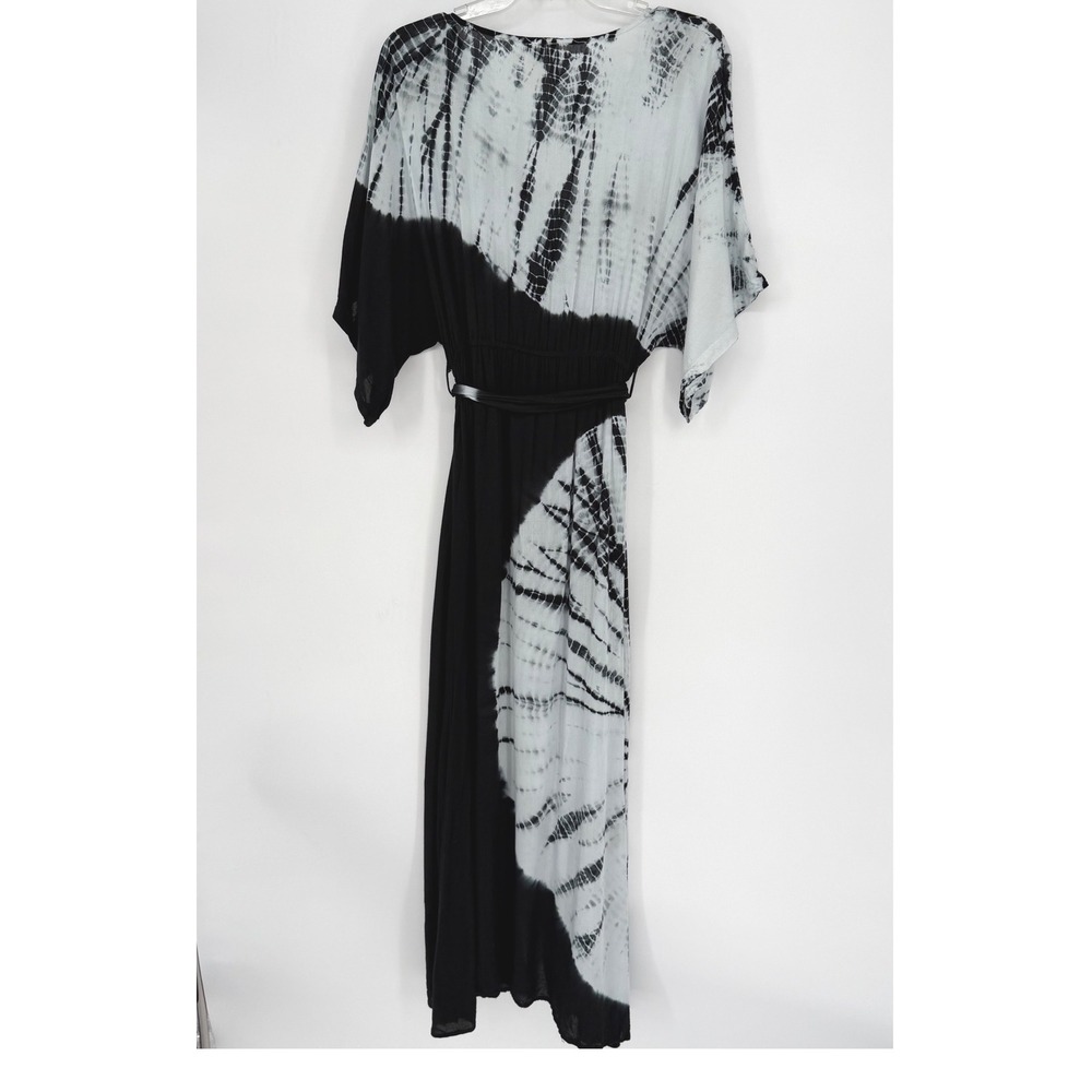 Japna Tie Dye Maxi Dress Kimono Sleeve Belted Boho Festival Black Gray M 101-00 - Picture 11 of 13